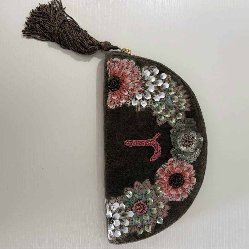 Embroidered Zipper Floral Clutch with Tassel